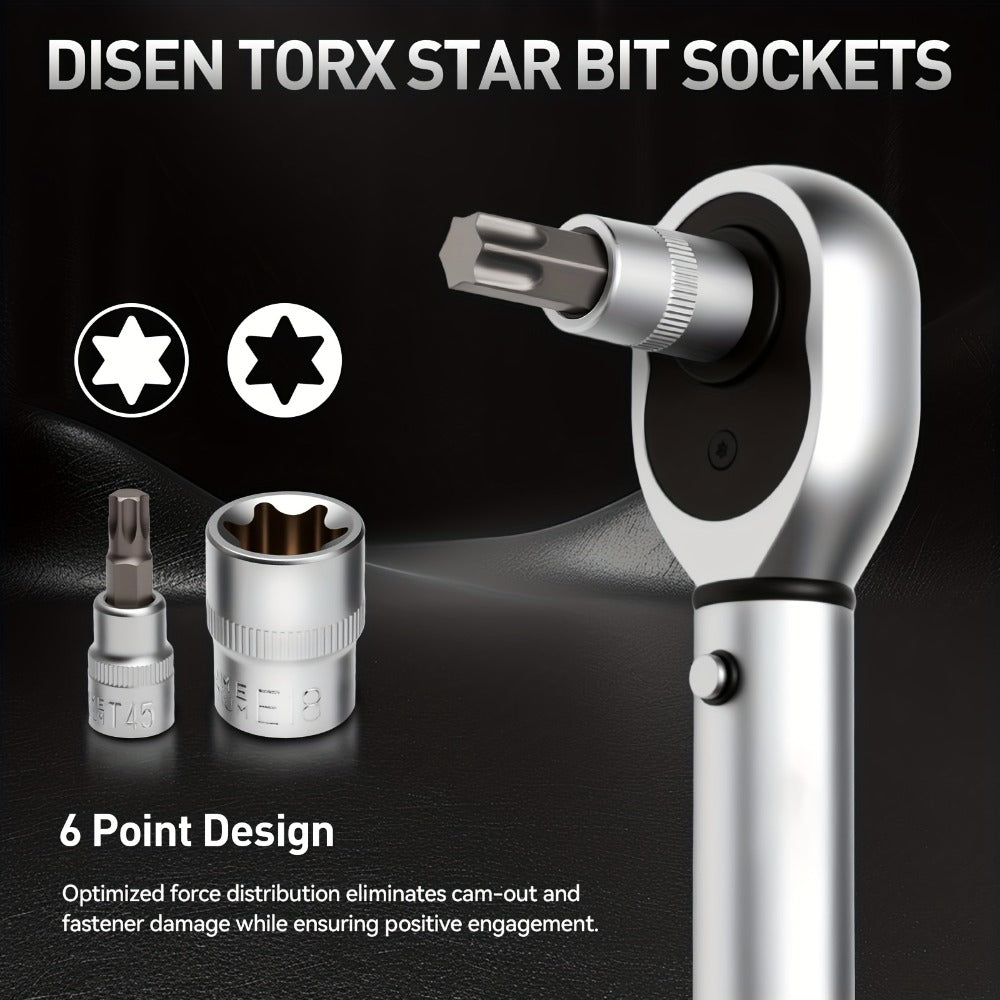 Torx Star Bit Socket Set 34/46-Piece – 3/8" Drive CR-V E-Socket E4-E20, T10-T60, Tamper-Proof TT10-TT55, S2 Steel, 5/16"F to 3/8"M Adapter
