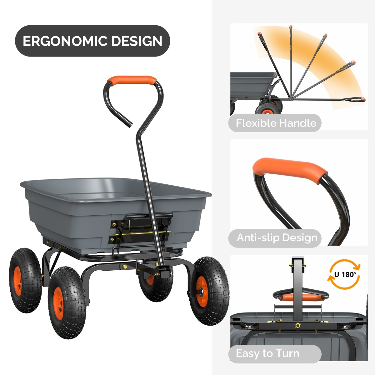 Garden Cart Dump Wagon, 4-Wheel Poly Cargo Cart with 2-in-1 Handle for Garden, Farm, Lawn and Yard Hauling