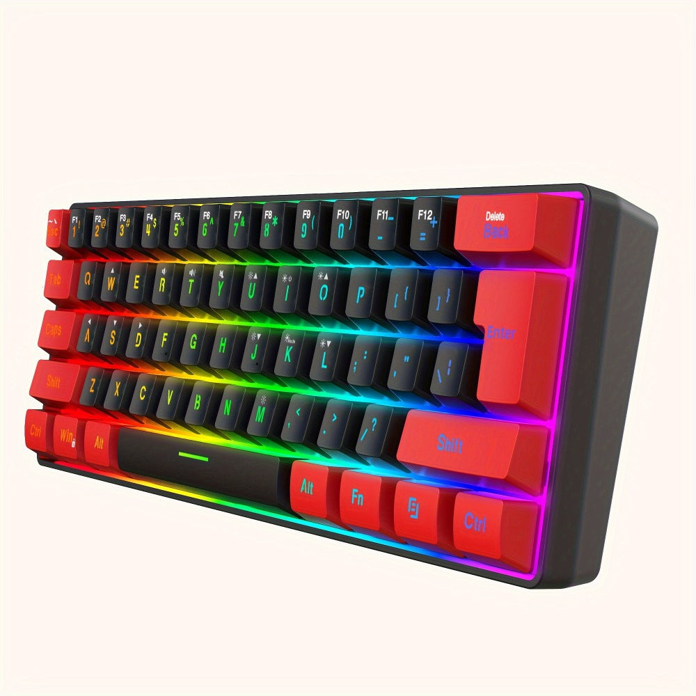 Red-and-Black 61-Key Compact Wired Keyboard with Detachable Cable and Multicolor-Lit Keycaps