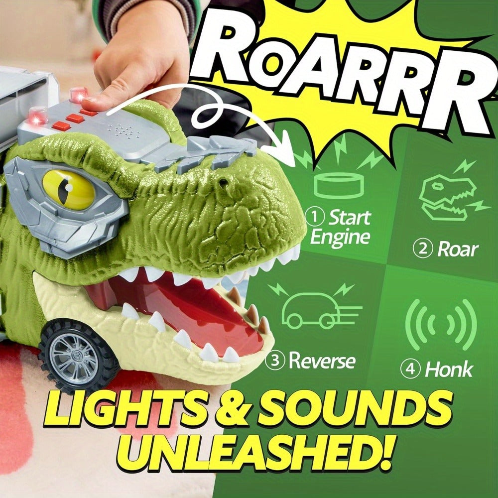 Dinosaur Truck Toy Set 13 PCS, Transport Carrier Truck with Lights & Sounds + 8 Pull-Back Cars + 3 Die-Cast Dino Vehicles + Helicopter