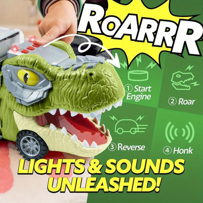 Dinosaur Truck Toy Set 13 PCS, Transport Carrier Truck with Lights & Sounds + 8 Pull-Back Cars + 3 Die-Cast Dino Vehicles + Helicopter