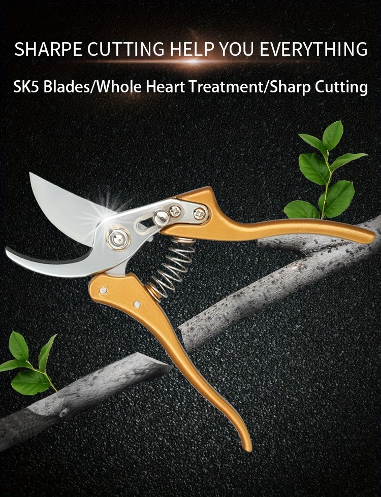 Bypass Pruning Shears with Curved Blade, Return Spring and Gold or Black Coated Handle Options