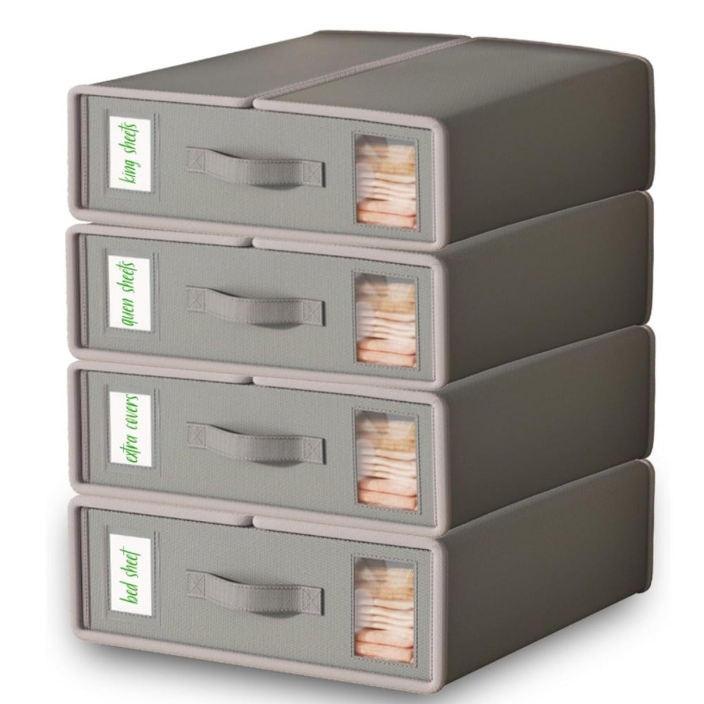 Four-Pack Bed Sheet Storage Boxes with Clear Windows, Labels and Oxford or Nonwoven Fabric Options