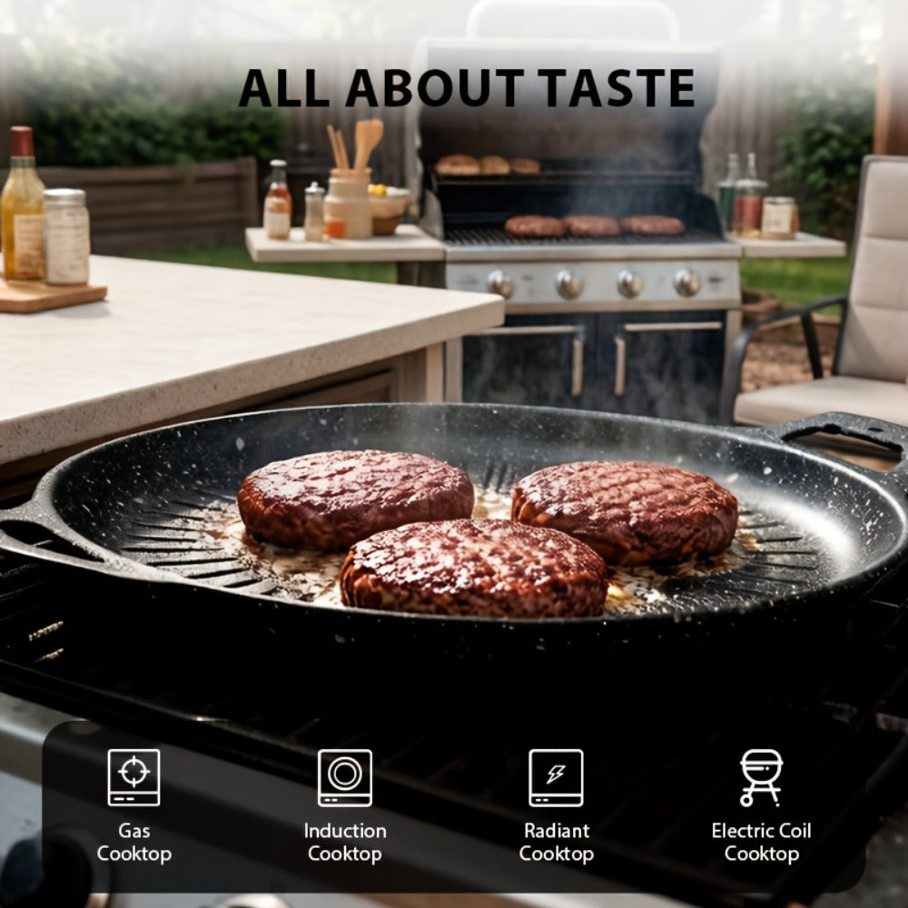 BBQ Griddle Pan Non-Stick with Oil Drain Groove & Double Handles for Home Cooking, Dining and Outdoor Meals