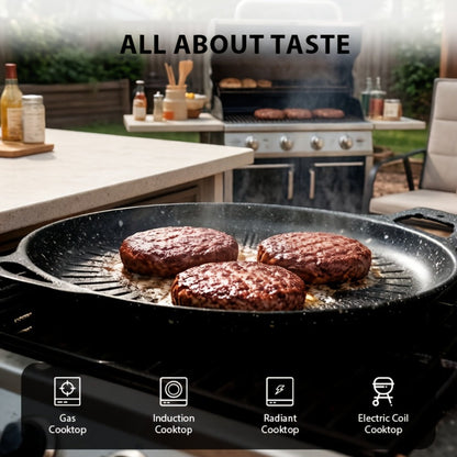 BBQ Griddle Pan Non-Stick with Oil Drain Groove & Double Handles for Home Cooking, Dining and Outdoor Meals