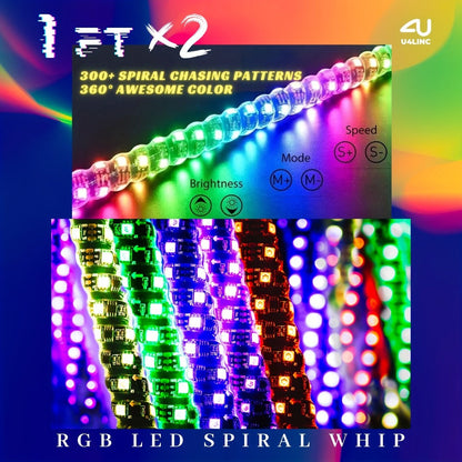 RGB LED Whip Lights for UTV ATV – 1ft/2ft/3ft/4ft Spiral Color Changing Neon Light Whips with Remote & App Control, Music Sync