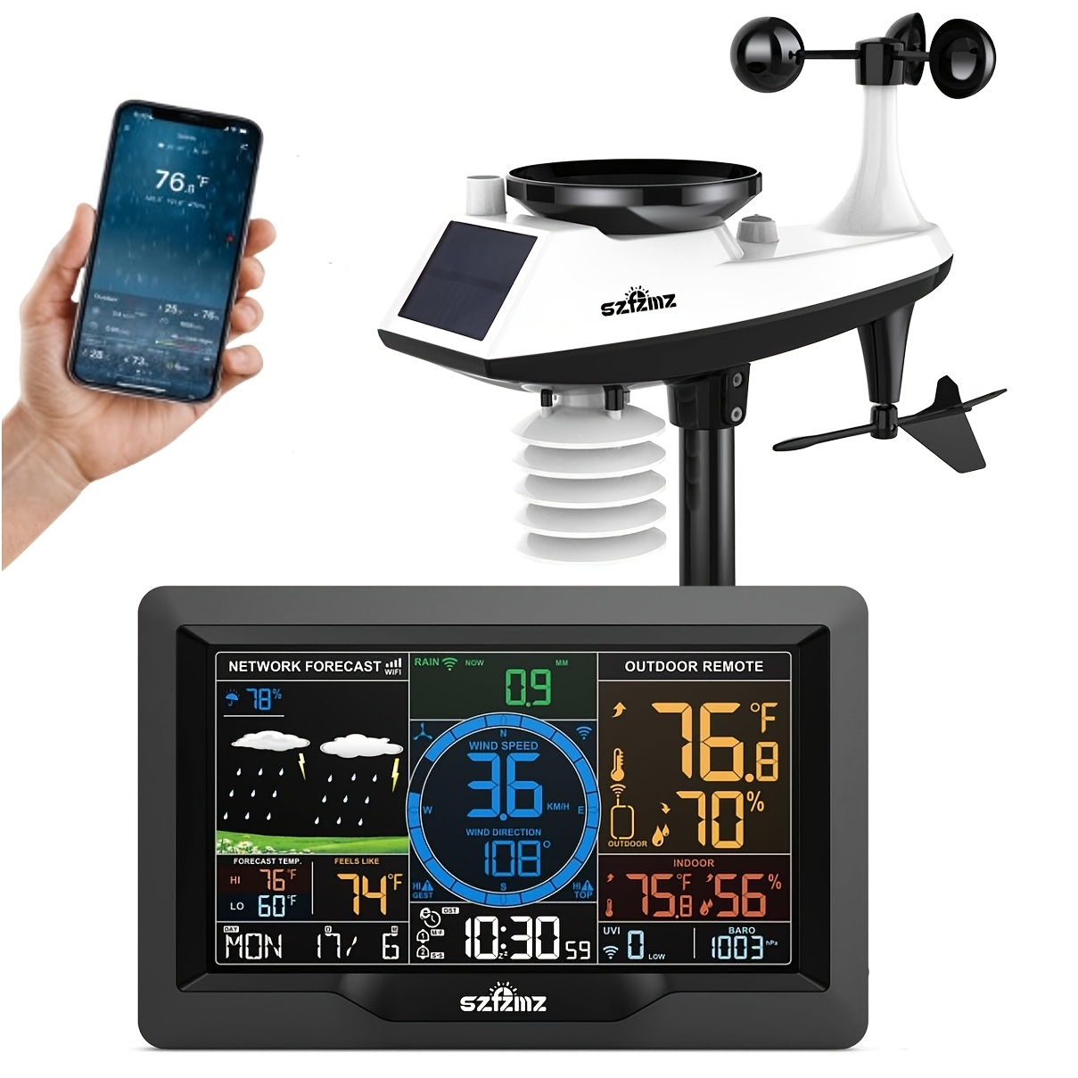 7-in-1 WiFi Home Weather Station – Wireless Indoor & Outdoor with Rain Gauge, Wind Speed, Solar Sensor & Smart App