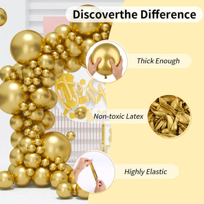 Party Decorations 130-Piece Metallic Gold Balloon Garland Kit with Four Balloon Sizes, Ribbon and Glue Dots