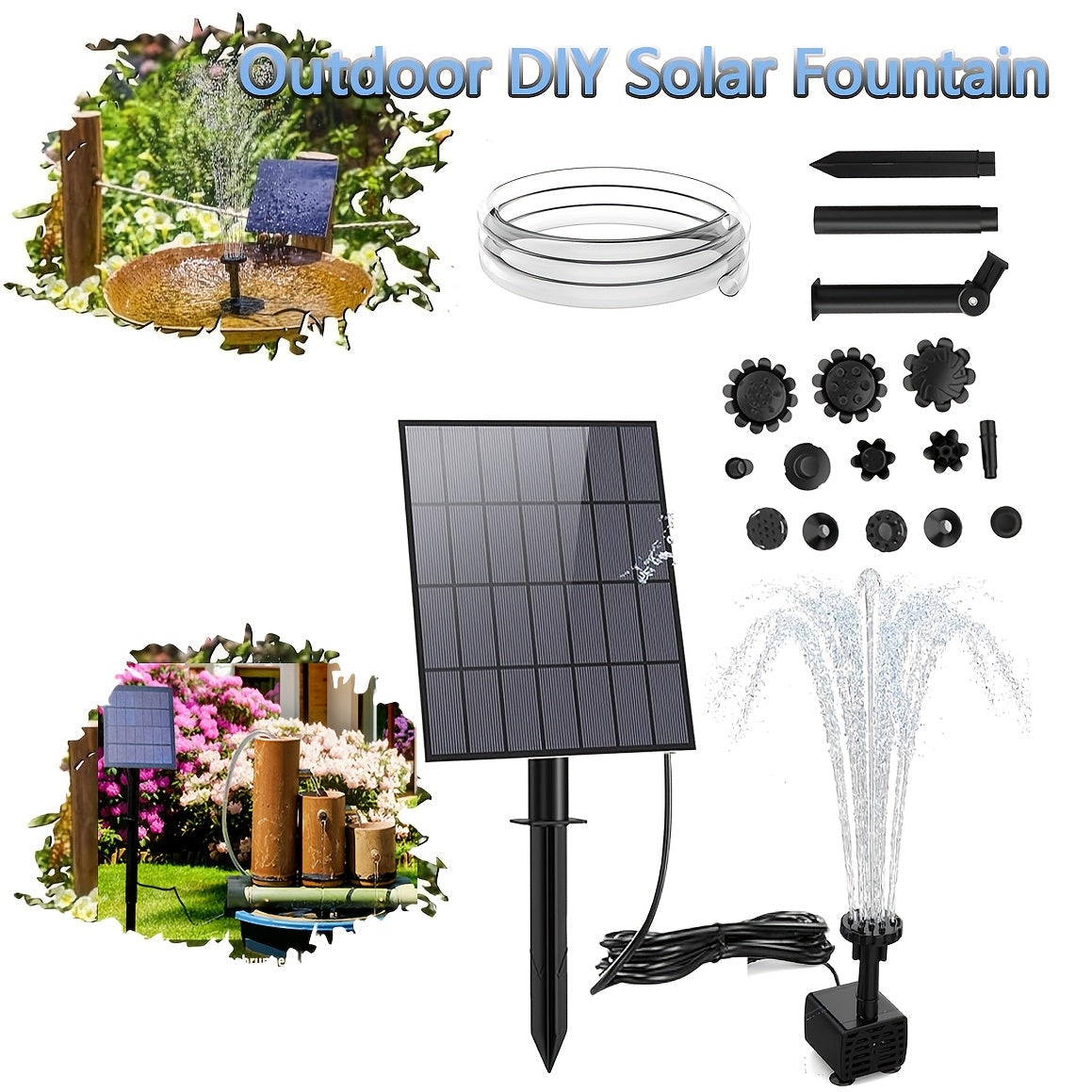 LED Solar Fountain Pump with 10W Separate-Panel and Round Disc Options, Eight Lights and Spray Fittings