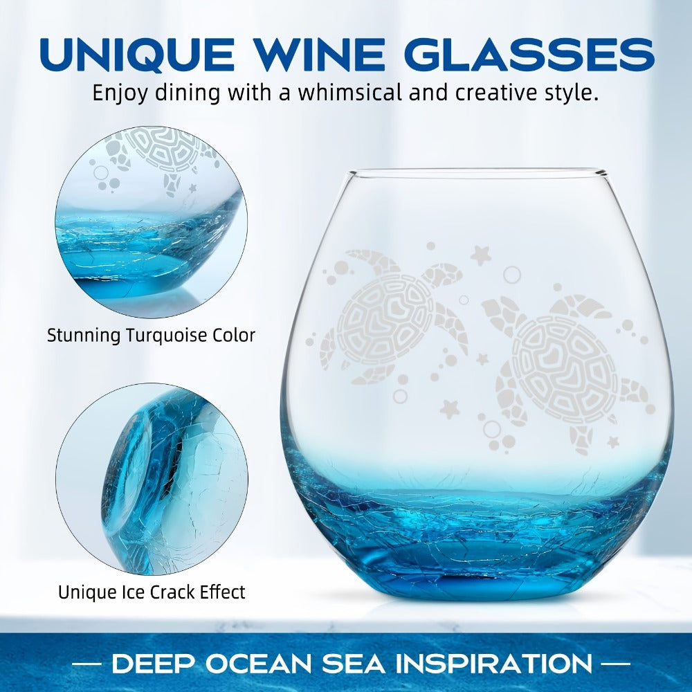 Sea Turtle Wine Glass Hand Etched Stemless 16oz Turquoise Crystal Glass Cup – Unique Wine for Home Cooking, Dining and Outdoor Meals