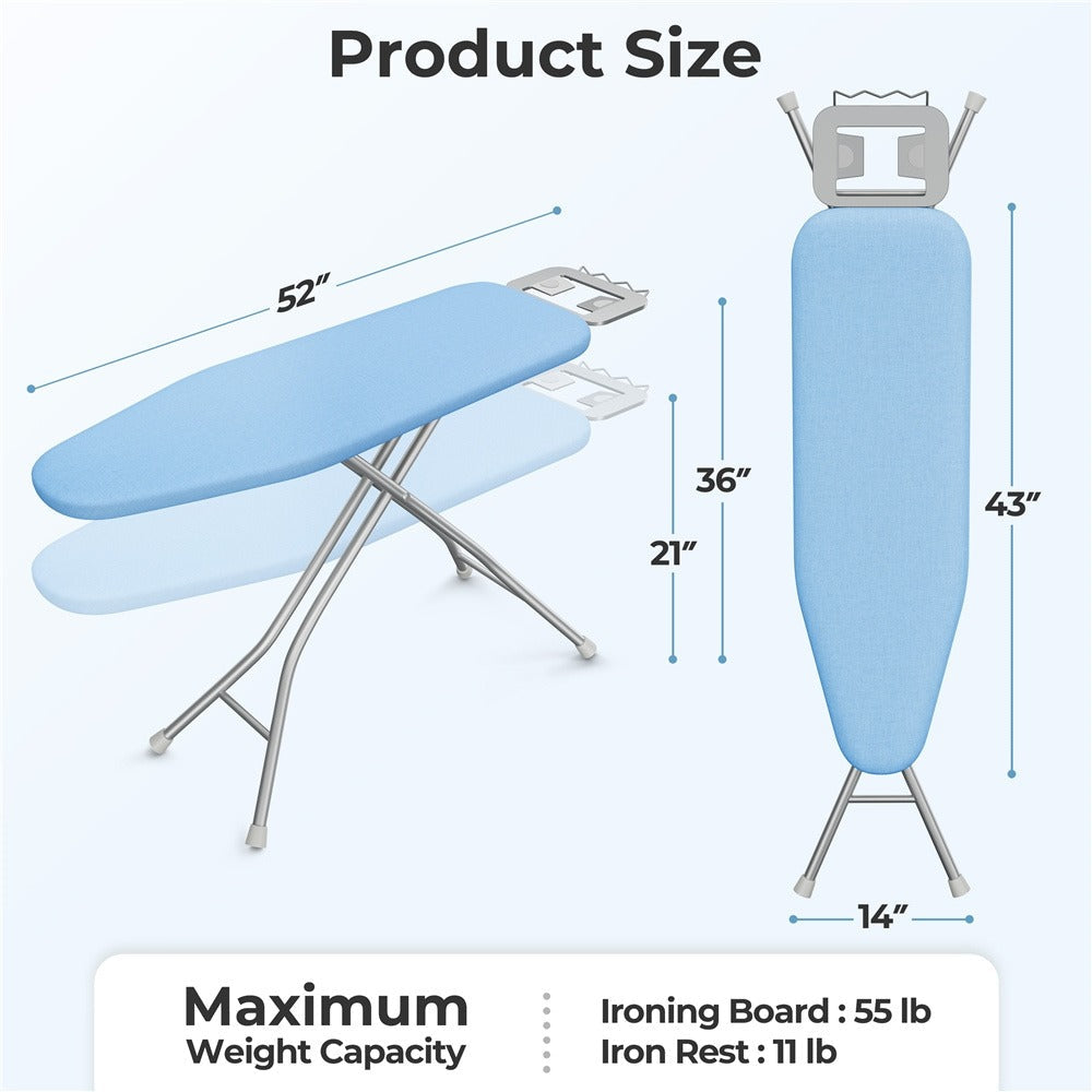 Full-Size 52-by-14-Inch Folding Ironing Board with Four-Leg Stand and Iron Rest in Four Colors