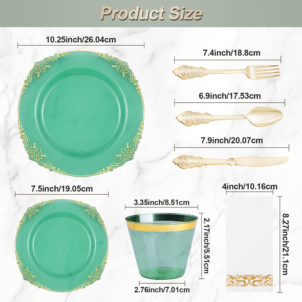 Disposable Party Plates Set 175 Pieces for 25 Guests Clear Plastic Plates with Gold Trim for Entryways, Bedrooms and Living Spaces