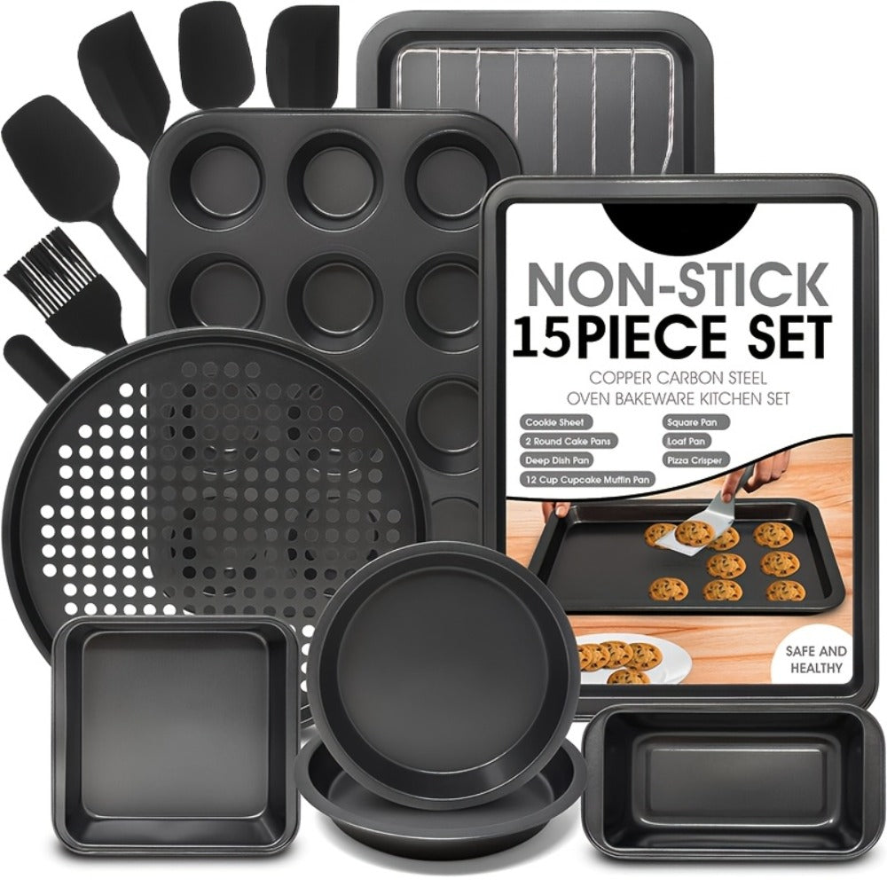 Nonstick Bakeware Set with Cooling Rack Cookie Sheet Cake Pans Loaf Muffin Pizza Pan Baking Pans Set for Kitchen 6 14 15 Piece