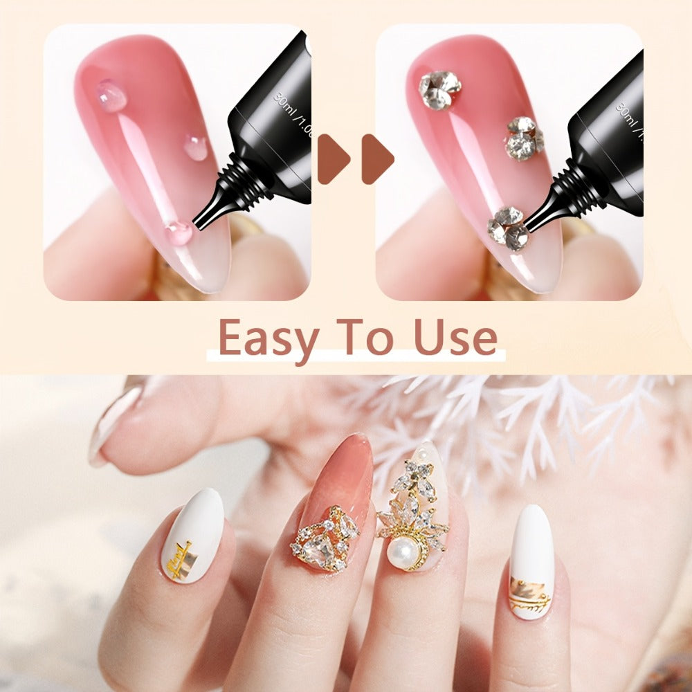 Nail Glue for Rhinestones 2pcs, LED Cured Gel Adhesive for 3D Charms, Gems & Bling Nail Art Decorations