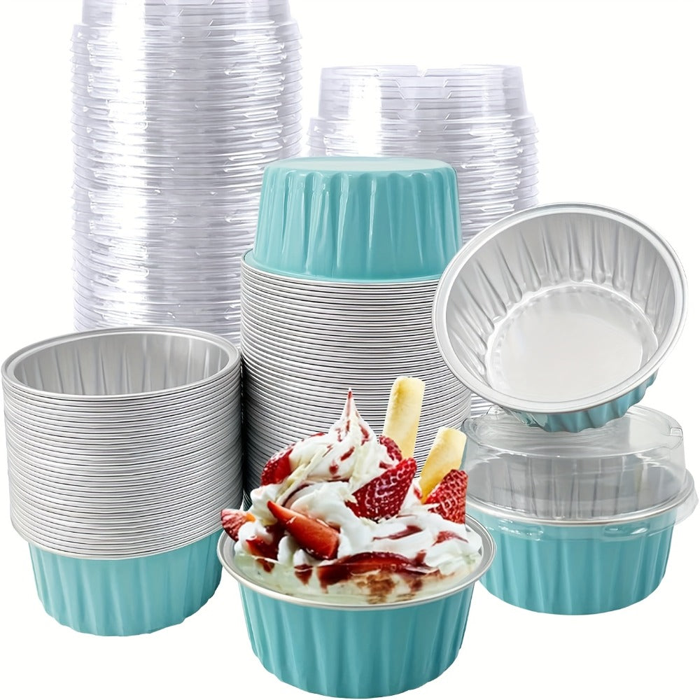 Aluminum Foil Baking Cups with Lids, Disposable Cupcake Molds with Spoons, Foil Dessert Cups for Pudding Muffins Mousse