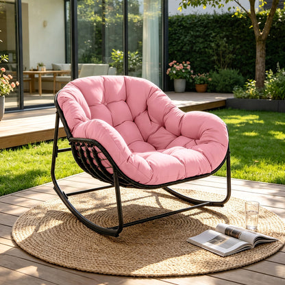 Papasan Rocking Chair Outdoor Wicker Egg Chair with Cushion & Pillow, Large Patio Rocker for Garden