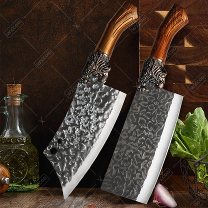 Kitchen Knife Set 8-Piece 5Cr15MoV Stainless Steel with Hammered Blades, Wood-Style Handles and Shears Options