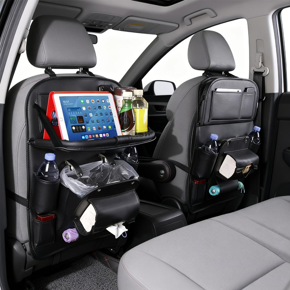 One-Piece Seatback Car Organizer with Fold-Down Tray, Cup Recesses, Mesh Pockets and Four Colors
