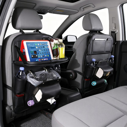 One-Piece Seatback Car Organizer with Fold-Down Tray, Cup Recesses, Mesh Pockets and Four Colors