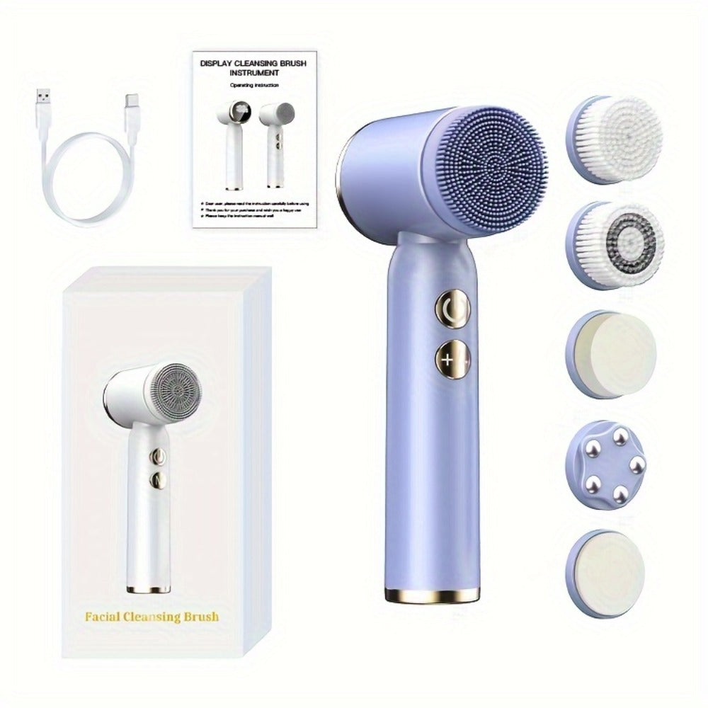 EMS Microcurrent Face Massager Device V-Face Lifting Double Chin Reducer Neck Rejuvenation 6-in-1 Brush Heads for Home or Salon Spa Use