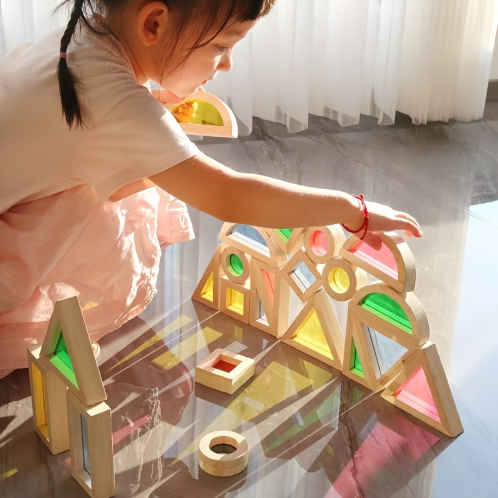 Building Block Set Translucent Acrylic Geometric Shapes with Colorful Triangle, Circle, Arch and Window Pieces