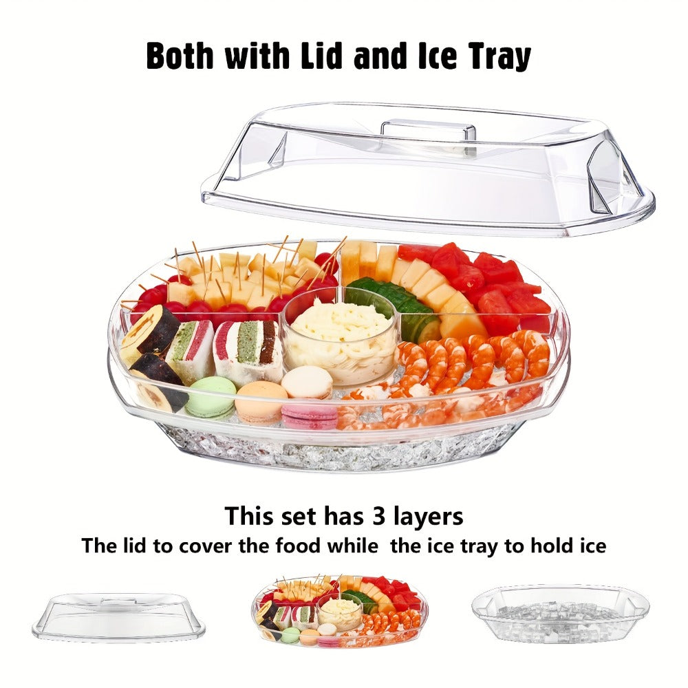 Appetizer Serving Tray with Ice Tray & Flip Lid, 15 Inch Round Chilled Condiment Serving Platter