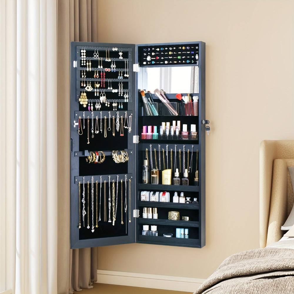 Full Length Mirror Jewelry Armoire Cabinet, 2-in-1 Lockable Over the Door Mirror with Jewelry Storage, Makeup Organizer with Baskets Bins