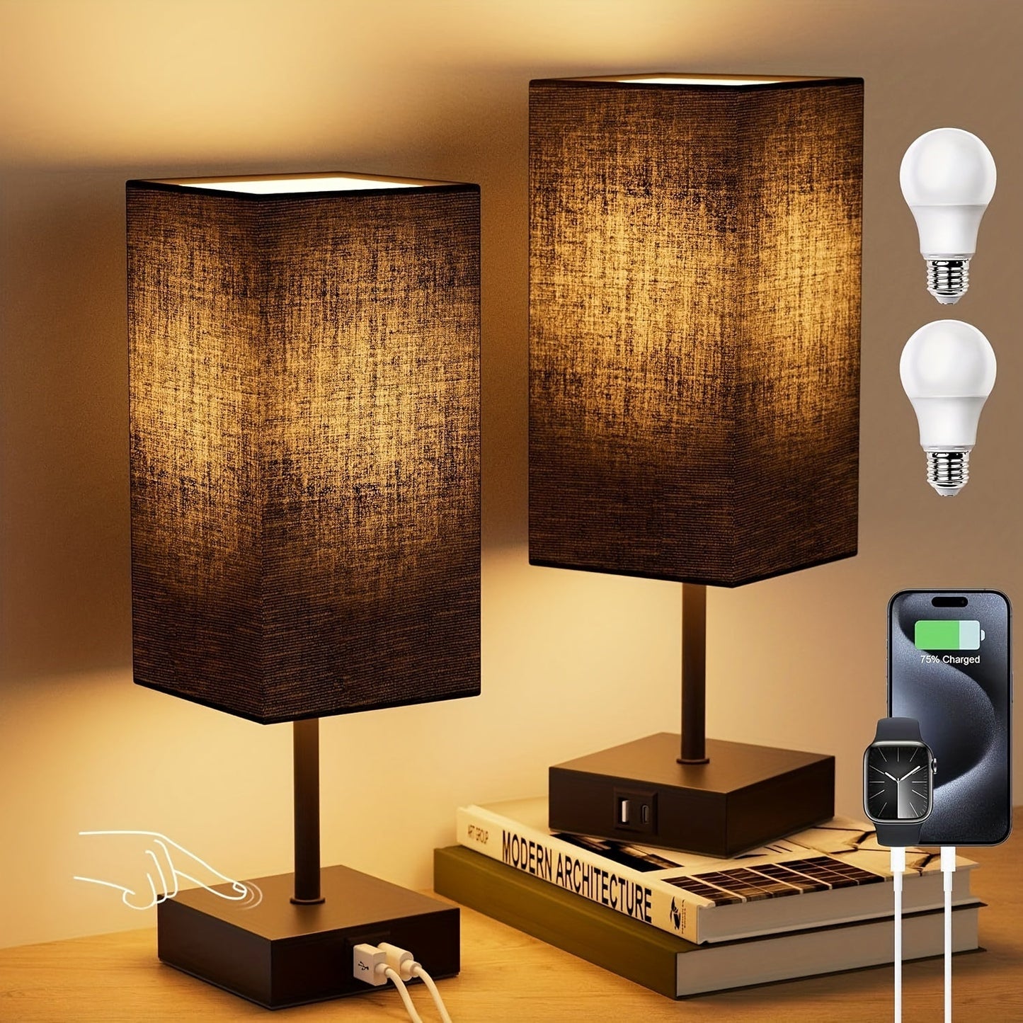 Bedside Lamps Set of 2 3-Way Dimmable Touch Nightstand Lamp USB-C A Charging Port LED Bulb for Entryways, Bedrooms and Living Spaces