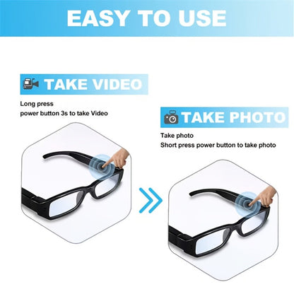 13B Clear-Lens Camera Glasses in Black with Thick Temples and 32GB or 64GB TF Card Bundles