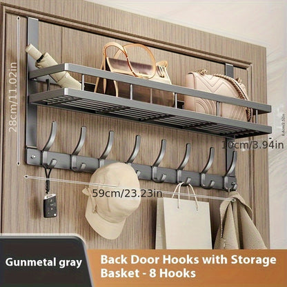 Over-the-Door Storage Rack with Metal Basket Shelf, 4 to 8 Hooks and Gray or Black Length Options