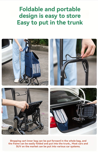 Stair Climbing Shopping Cart with Detachable Hand Truck, Foldable Grocery Trolley with Spacious Polyester Bag for Home Market Transport