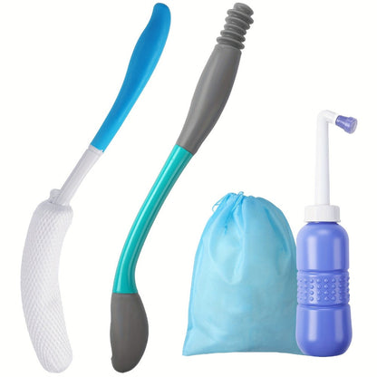 Bottom Wiper for Elderly & Limited Mobility – 4-Piece Toilet Wiping Aid Kit with Long Handle Butt Wiper, Shower Brush