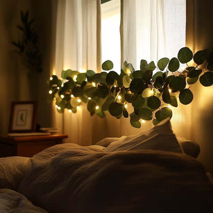 String Lights, Four-Piece Eucalyptus Leaf Wreath Set with 20 Warm LEDs per Strand and Battery Power