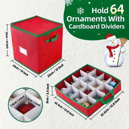 Christmas Ornament Storage Box, Holds Up to 64 Holiday Ornaments, Adjustable Dividers, Covered Lid & Dual Handles