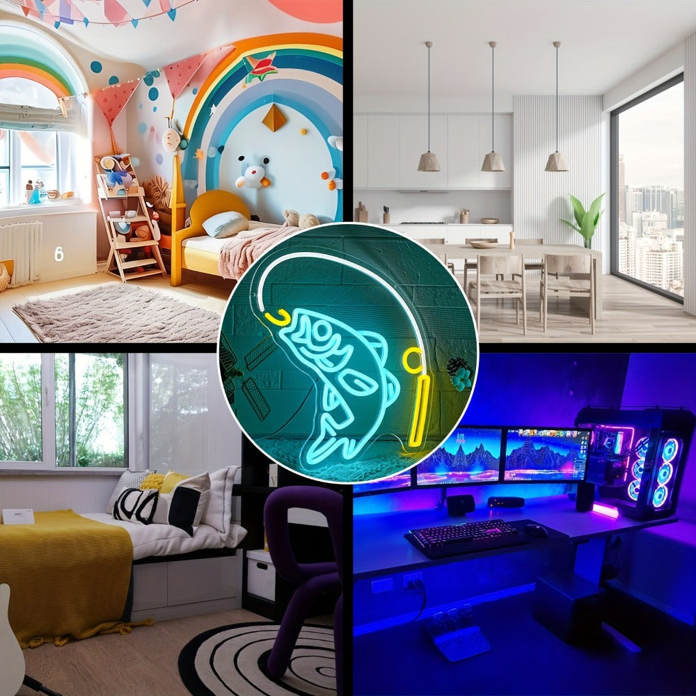 Fishing Neon Sign LED Wall Decor, Dimmable Multicolor Go Fishing Hook Neon Light for Man Cave, Bedroom