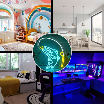 Fishing Neon Sign LED Wall Decor, Dimmable Multicolor Go Fishing Hook Neon Light for Man Cave, Bedroom