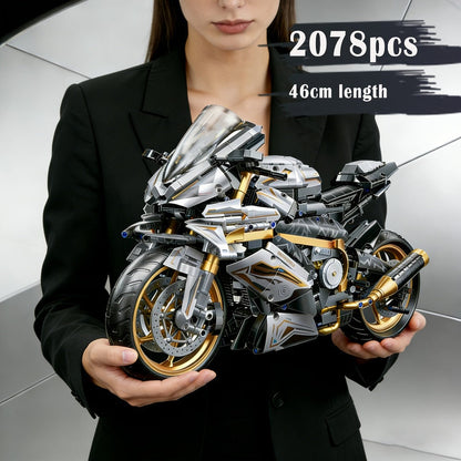 Motorcycle Building Blocks Model Kit 1:5 Scale 2000+ Pieces, Platinum Gold & White Collectible Brick Motorbike Display Set