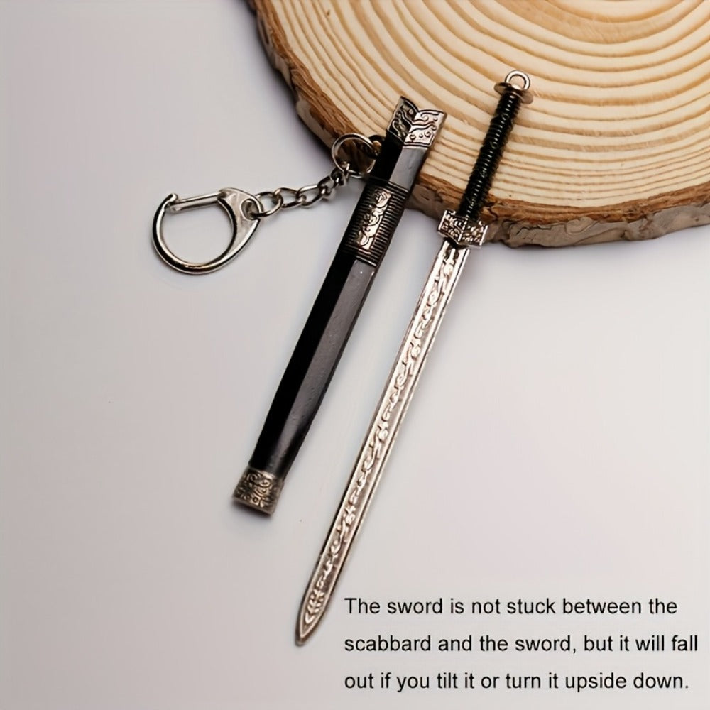 Seven-Piece Miniature Metal Sword Replica Set with Sheaths, Keychains and Ancient-Inspired Display Designs