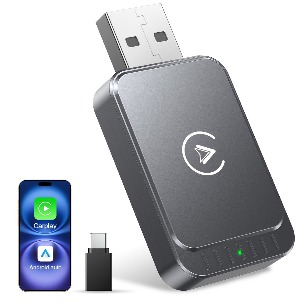Gray Dual-System Wireless CarPlay and Android Auto Adapter with USB-A Plug and USB-C Adapter