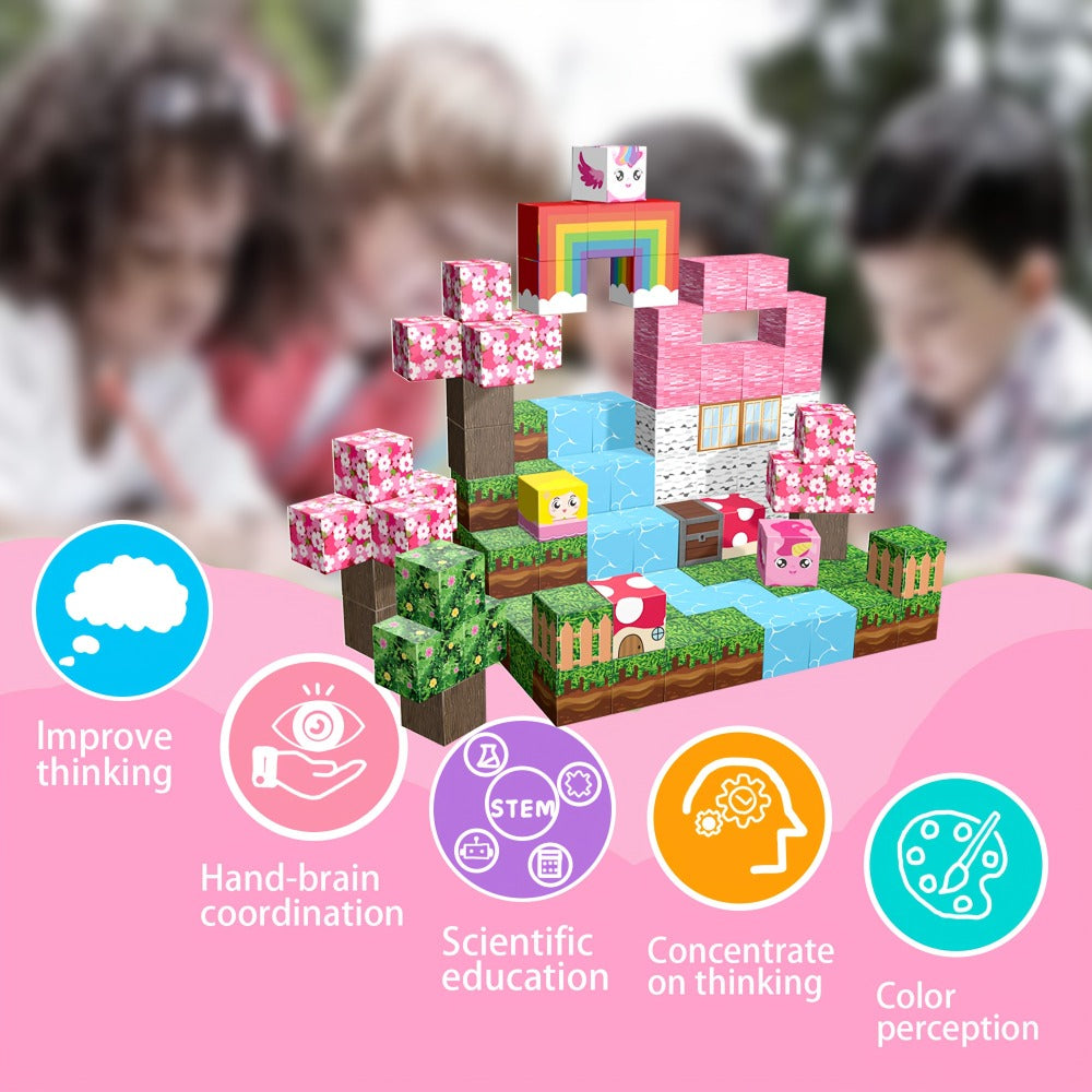 Magnetic Cube Building Set in 48-Piece or 110-Piece Pink, Blue, Green and Brown Fantasy Options