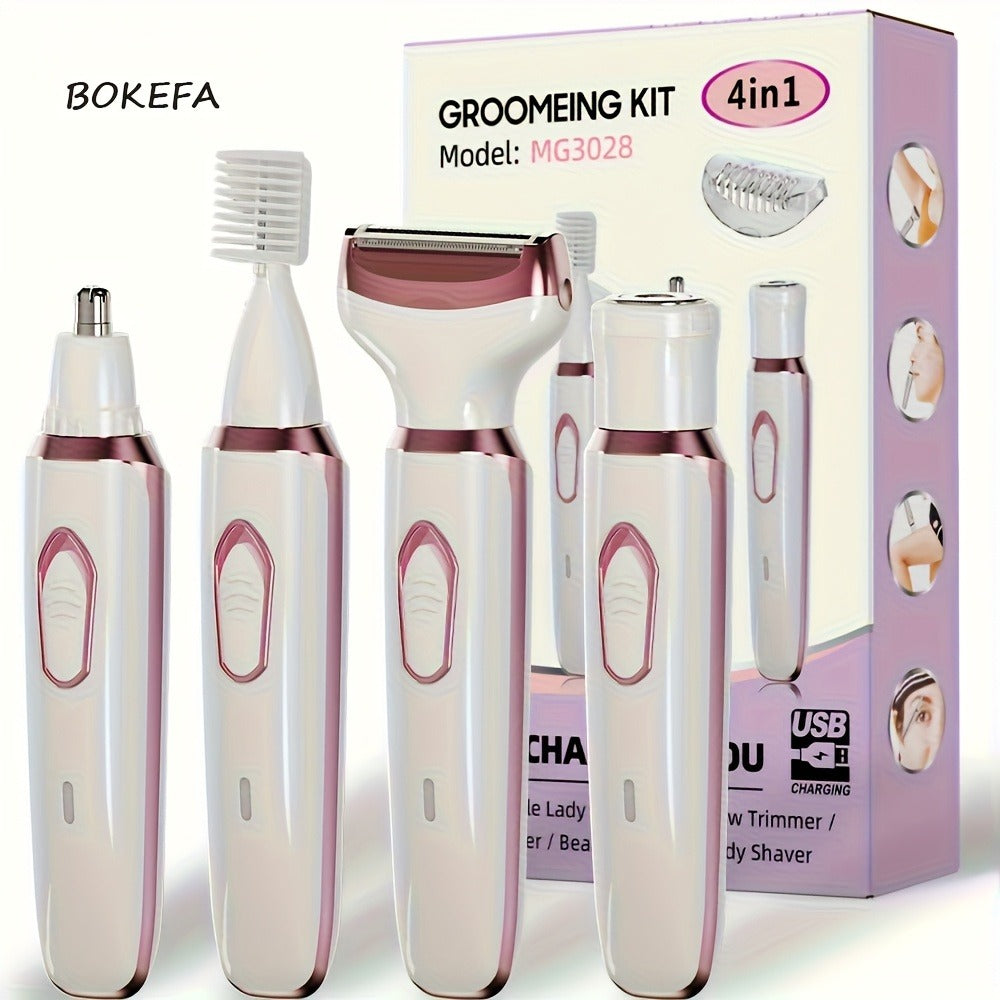 Women's Electric Razor 4-in-1 Grooming Kit Wet Dry Rechargeable Trimmer for Face Nose Legs for Everyday Face, Beard and Body Grooming