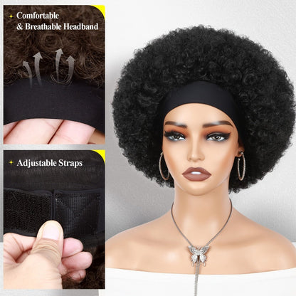 Afro Curly Headband Wig for Women Short Kinky Curly 180% Density – No Lace No Glue Synthetic Wig with Attached Headband, Heat Resistant