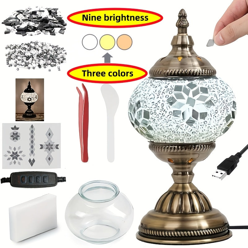 DIY Turkish Moroccan Mosaic Lamp Kit Handmade Glass Metal Brass Dimmable Bohemian Table Light for Entryways, Bedrooms and Living Spaces
