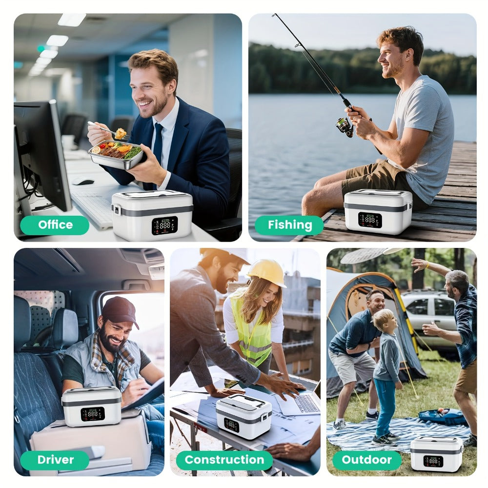 Heated Lunch Box, 8000mAh Battery-Powered 60W Food Warmer with 1L Stainless Steel Inner Container