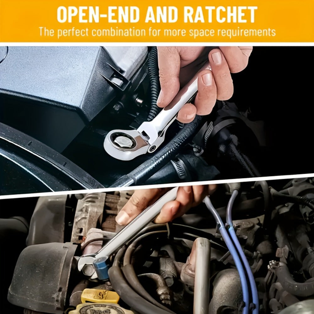 CR-V Flex Head Ratchet Wrench Set 5-Piece – 2-in-1 Reversible Open End & Hex Socket Dual-Purpose Kit | Automotive Engine Bay, Plumbing