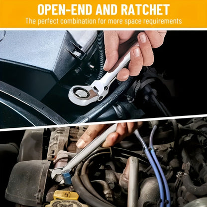 CR-V Flex Head Ratchet Wrench Set 5-Piece – 2-in-1 Reversible Open End & Hex Socket Dual-Purpose Kit | Automotive Engine Bay, Plumbing