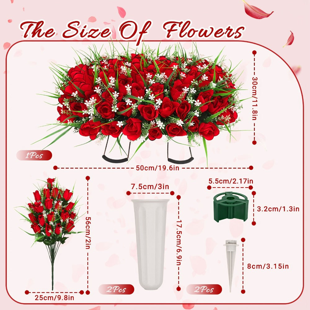 Artificial Flowers Silky Red Rose Memorial Set with Top Saddle, Side Vases or Three-Piece Option