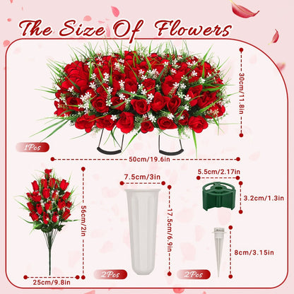 Artificial Flowers Silky Red Rose Memorial Set with Top Saddle, Side Vases or Three-Piece Option