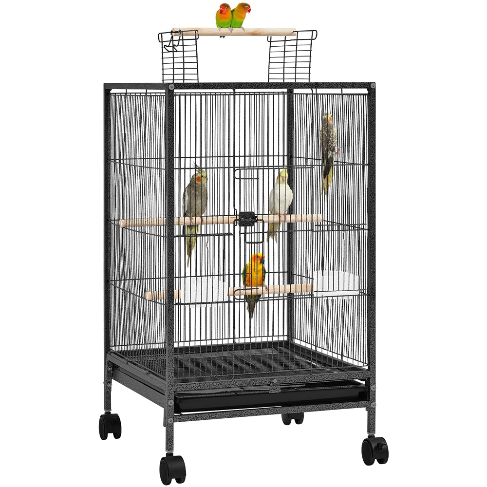 Bird Cage with Rolling Stand Open Top 31 Inch Wrought Iron Black – Slide Out Tray Feeder Doors, for Everyday Bird and Small Animal Care