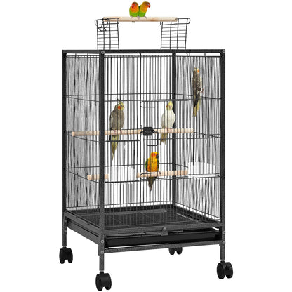Bird Cage with Rolling Stand Open Top 31 Inch Wrought Iron Black – Slide Out Tray Feeder Doors, for Everyday Bird and Small Animal Care